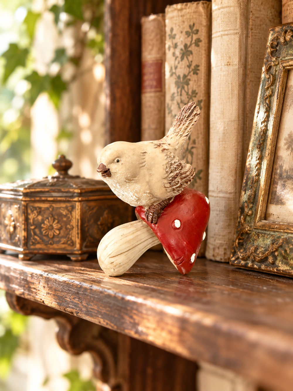 Petit oiseau crème et brun perché sur un champignon rouge à pois blancs, figurine décorative de style vintage, poétique et féérique pour étagère ou console