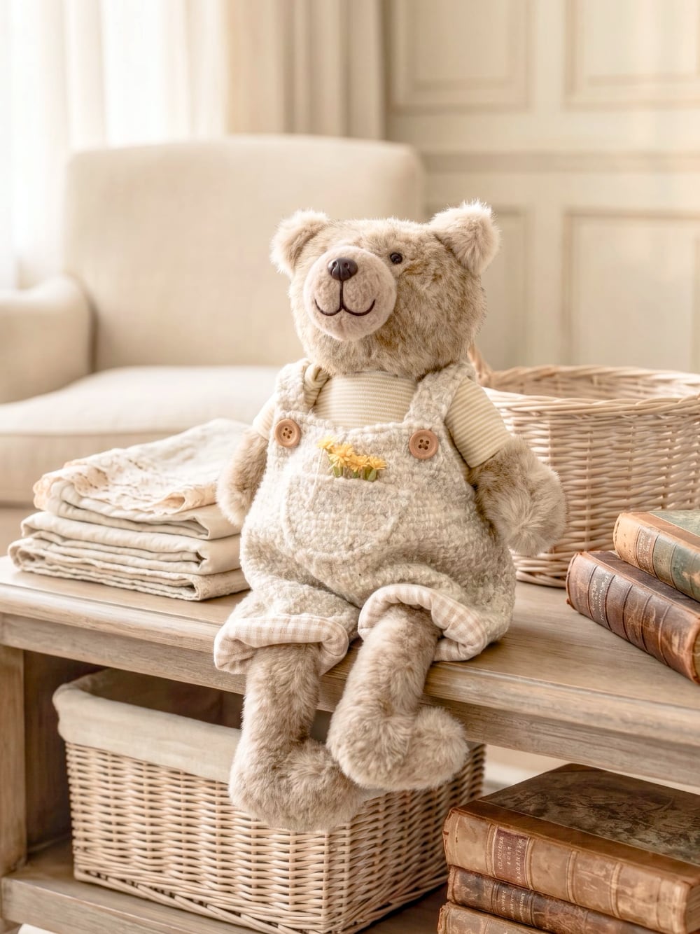 Ourson en peluche décoratif taupe et écru assis, style shabby chic et campagne romantique pour décoration intérieure