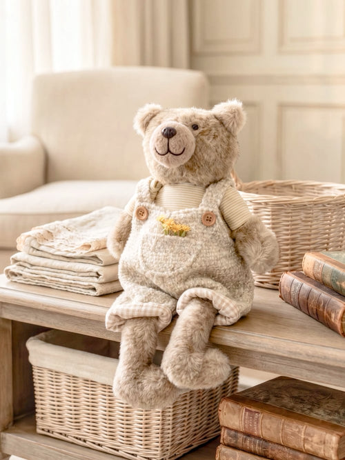 Ourson en peluche décoratif taupe et écru assis, style shabby chic et campagne romantique pour décoration intérieure