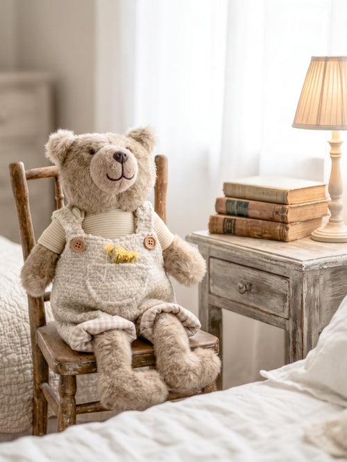 Ourson en peluche décoratif taupe et écru assis, style shabby chic et campagne romantique pour décoration intérieure