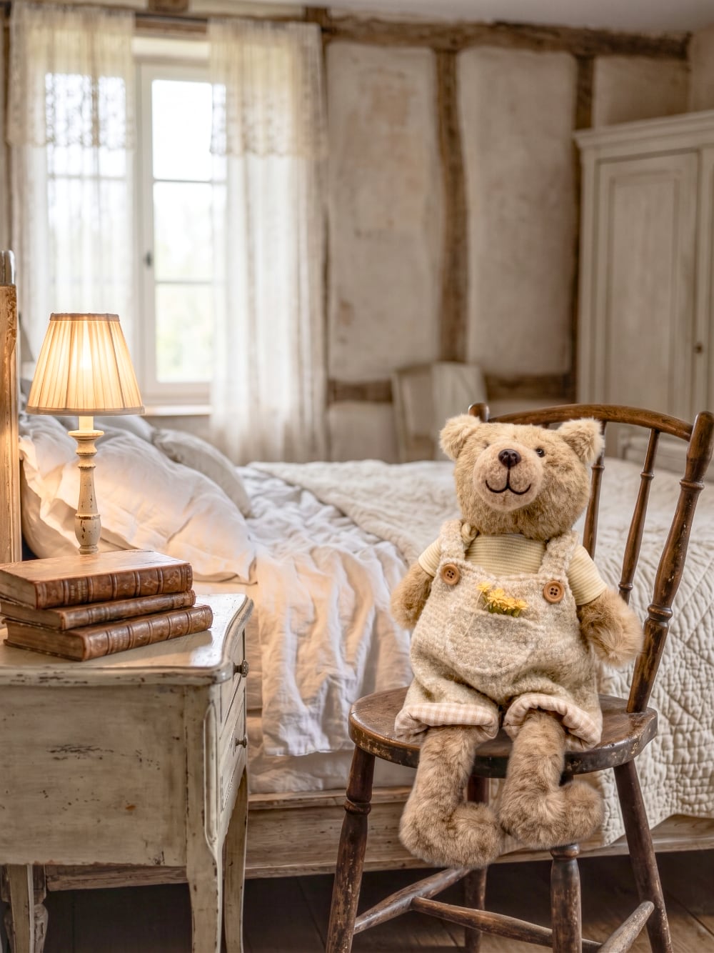 Ourson en peluche décoratif taupe et écru assis, style shabby chic et campagne romantique pour décoration intérieure