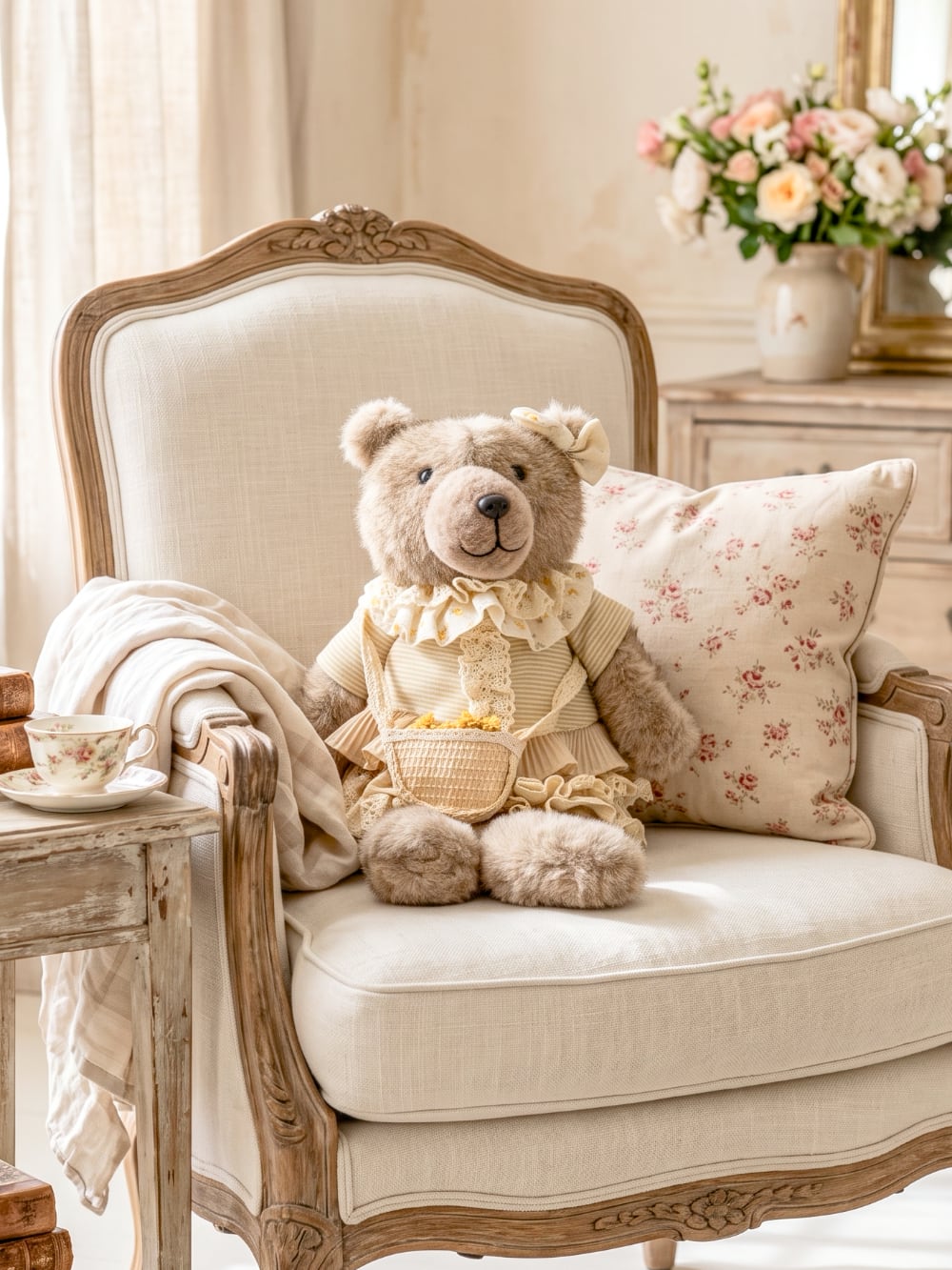 Oursonne décorative taupe vêtue de beige et crème avec dentelle et petit panier, style shabby chic romantique pour décoration intérieure