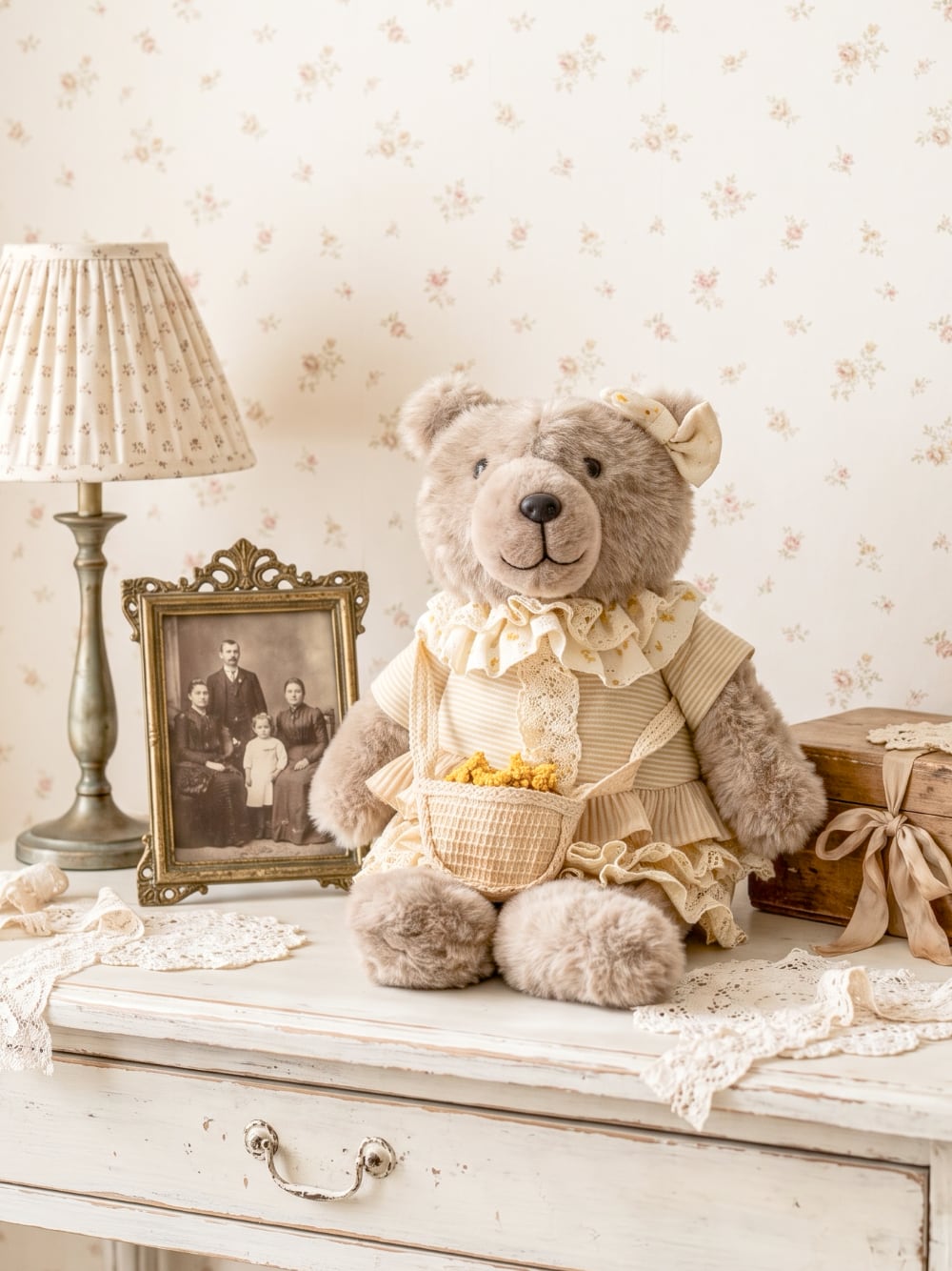 Oursonne décorative taupe vêtue de beige et crème avec dentelle et petit panier, style shabby chic romantique pour décoration intérieure