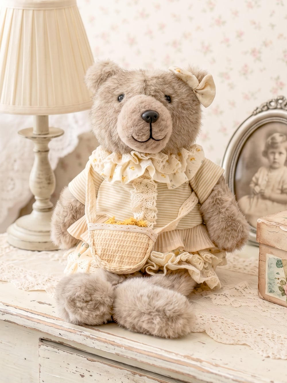Oursonne décorative taupe vêtue de beige et crème avec dentelle et petit panier, style shabby chic romantique pour décoration intérieure