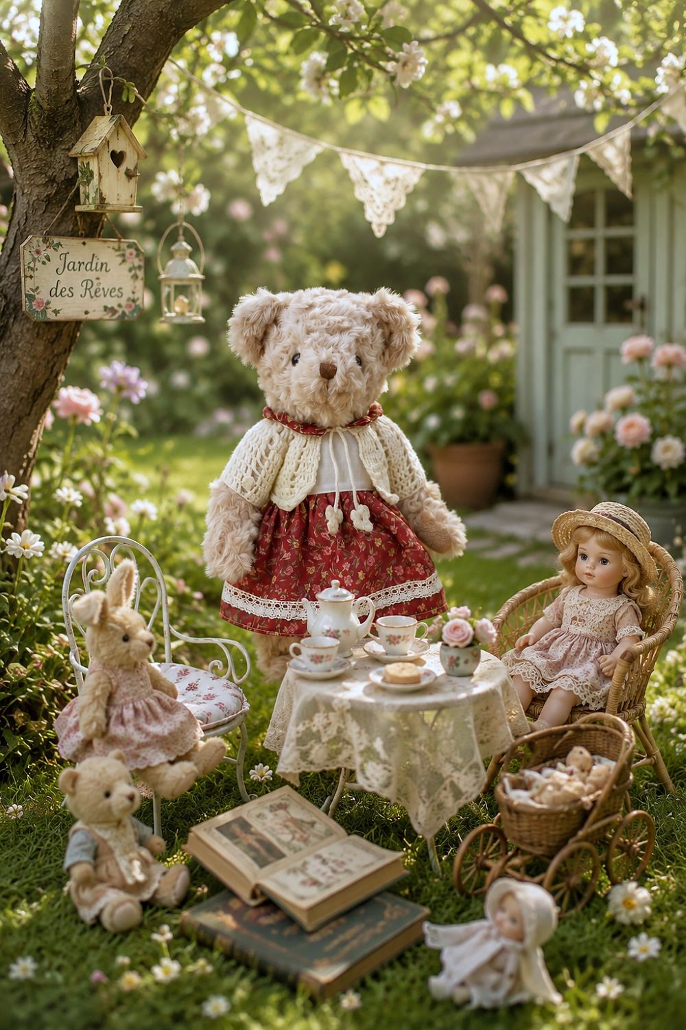Oursonne décorative en peluche beige vêtue d’une robe fleurie rouge et d’un gilet crocheté écru, style shabby chic romantique pour chambre ou décoration de charme