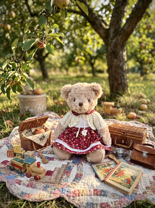 Oursonne décorative en peluche beige vêtue d’une robe fleurie rouge et d’un gilet crocheté écru, style shabby chic romantique pour chambre ou décoration de charme