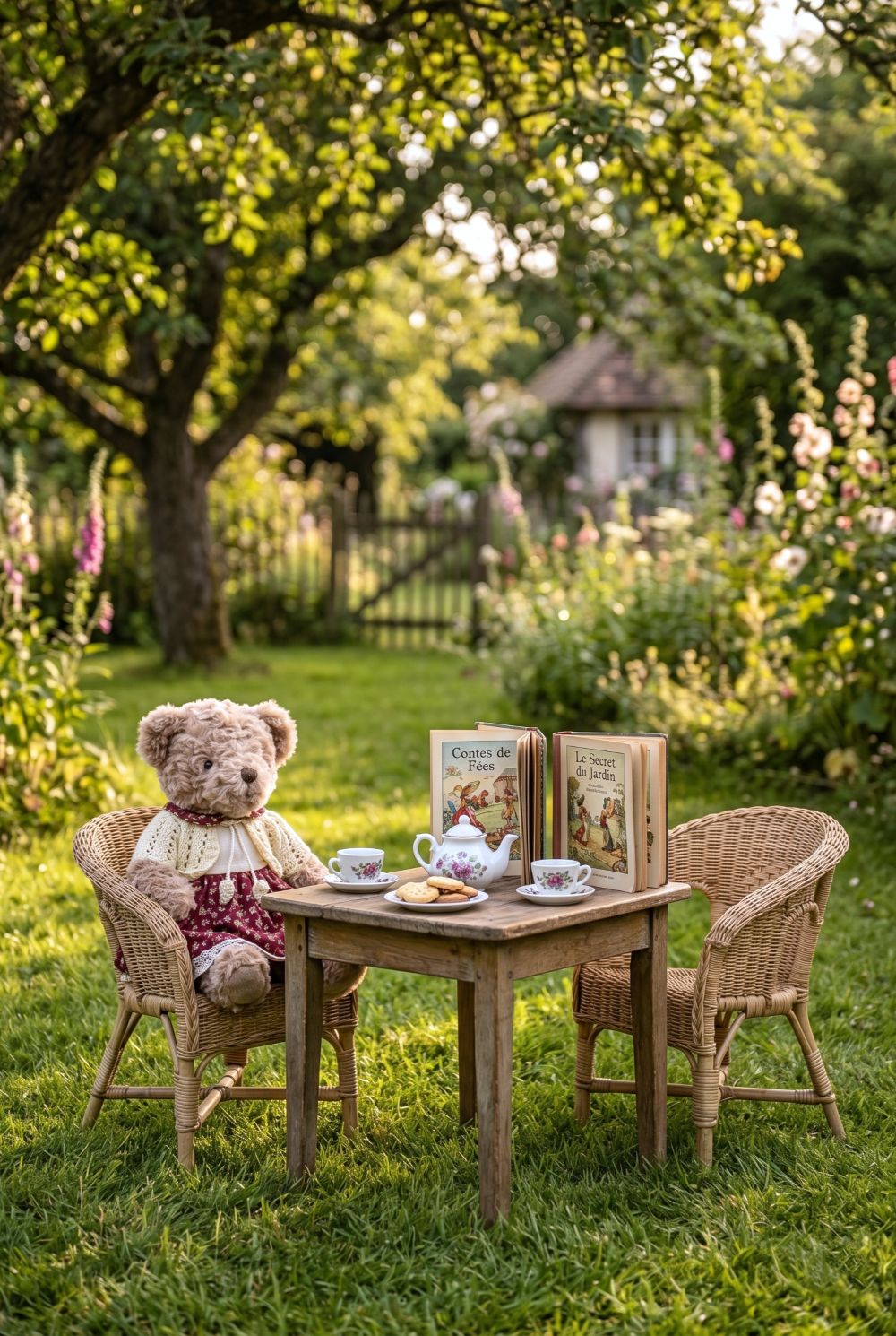Oursonne décorative en peluche beige vêtue d’une robe fleurie rouge et d’un gilet crocheté écru, style shabby chic romantique pour chambre ou décoration de charme