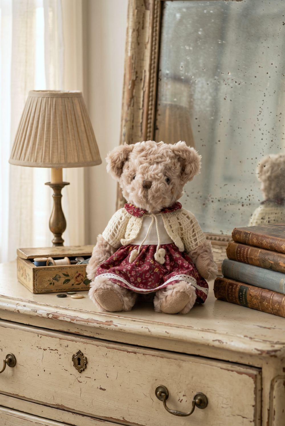 Oursonne décorative en peluche beige vêtue d’une robe fleurie rouge et d’un gilet crocheté écru, style shabby chic romantique pour chambre ou décoration de charme
