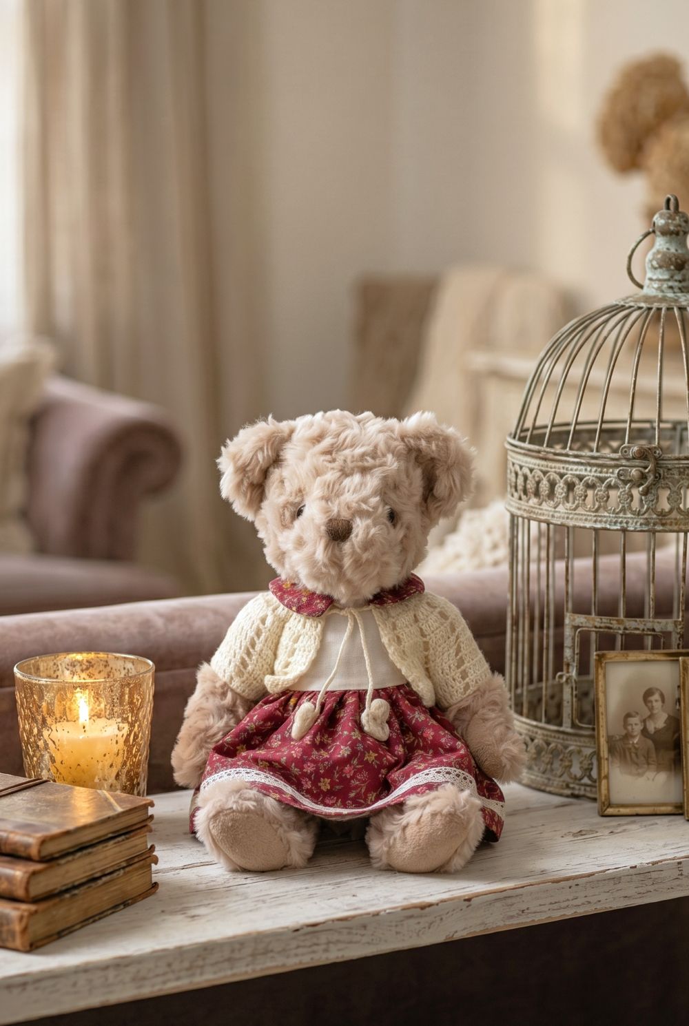 Oursonne décorative en peluche beige vêtue d’une robe fleurie rouge et d’un gilet crocheté écru, style shabby chic romantique pour chambre ou décoration de charme