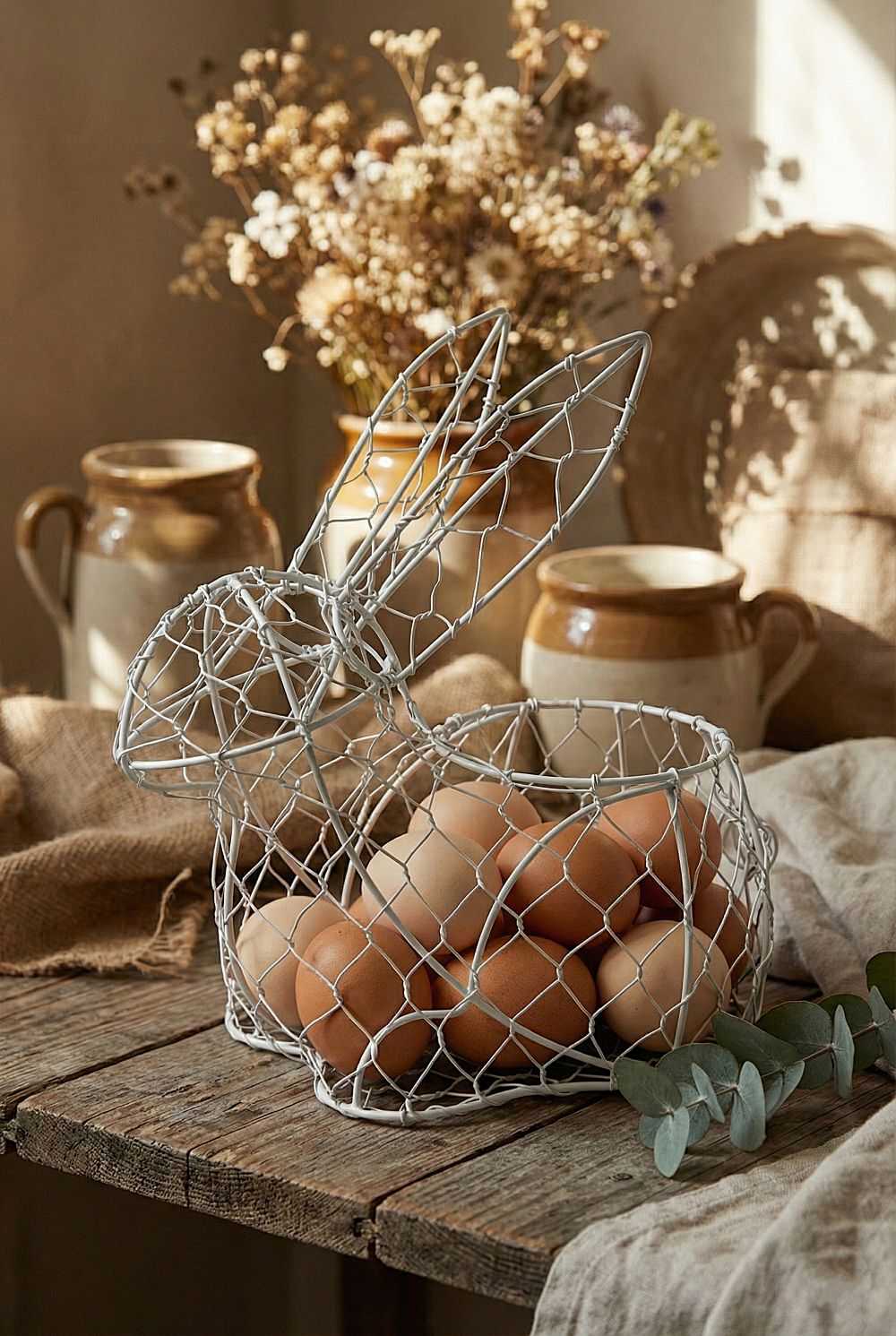 Panier à œufs décoratif Lapinou, panier de Pâques avec lapin aux tons doux, décoration de charme printanière et ambiance poétique
