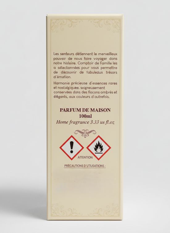 Parfum de maison 100 ml Fruits d’Épices Comptoir de Famille, flacon ambré à bouchon argenté, style shabby chic romantique et ambiance chaleureuse