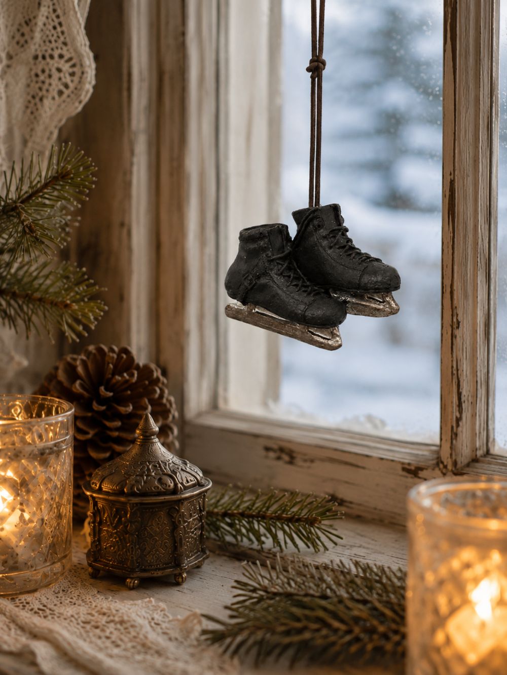 Patins décoratifs à suspendre noirs patinés, accessoire de décoration de Noël shabby chic et poétique, ambiance hivernale et rétro
