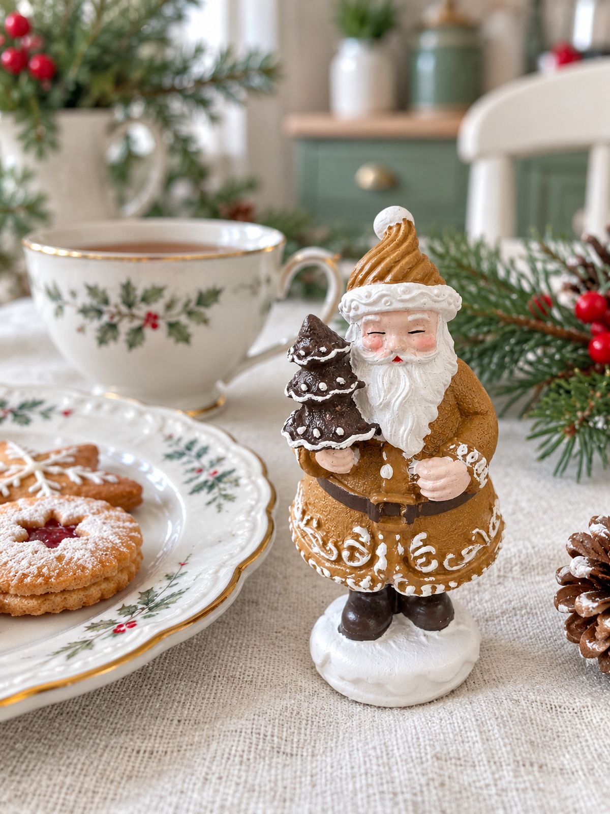 Figurine Père Noël Pain d’Épices Miniature sur une table de Noël en lin clair, à côté d’une tasse en porcelaine et de biscuits.