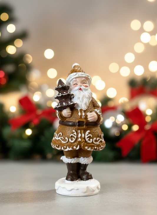 Figurine Père Noël Pain d’Épices Miniature 8 cm, vêtue de brun doré et blanc, tenant un petit sapin, décoration shabby chic et féérique pour Noël