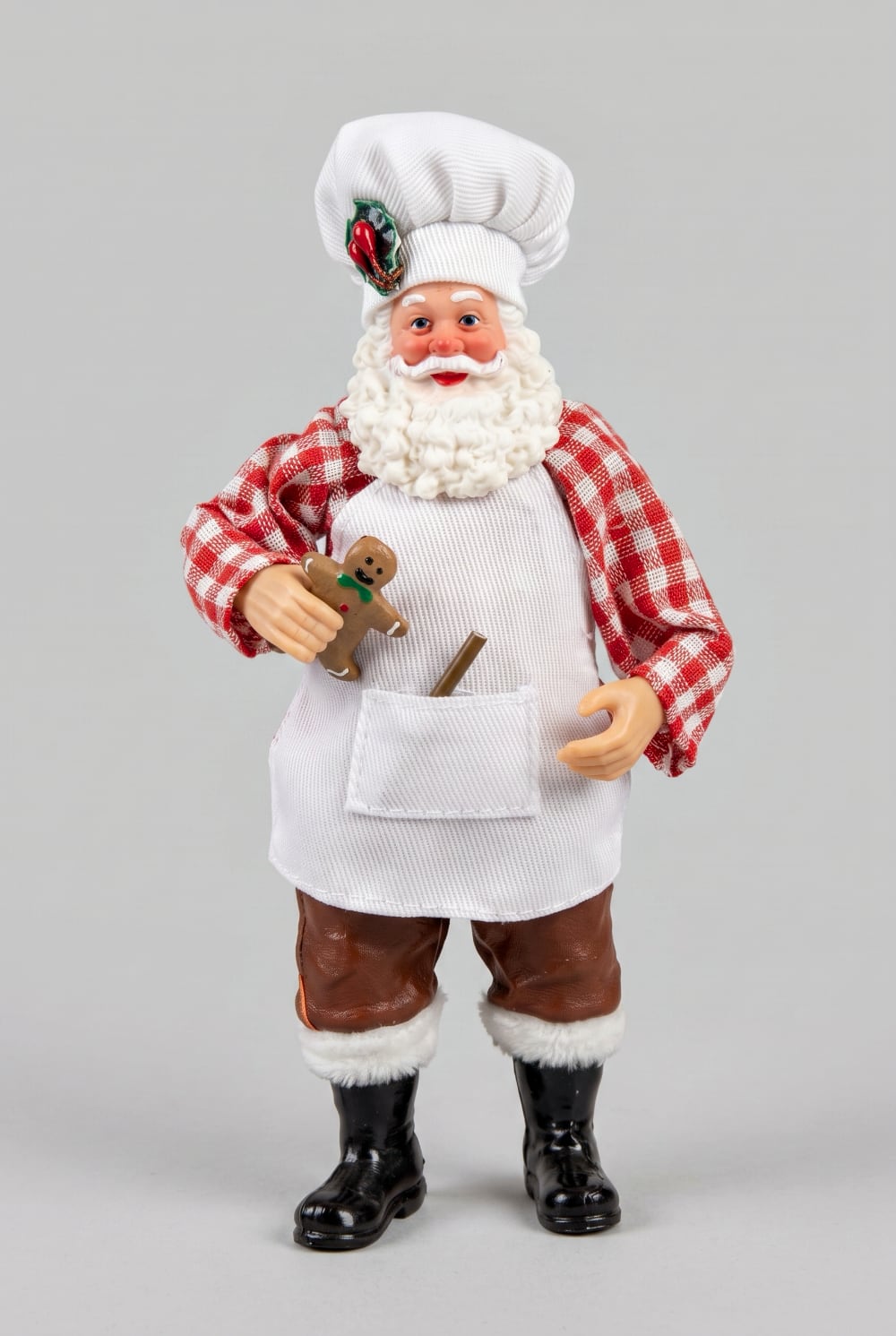 Père Noël Patissier rouge et blanc avec toque de chef, tablier et petit bonhomme en pain d’épices, figurine décorative pour cuisine de Noël