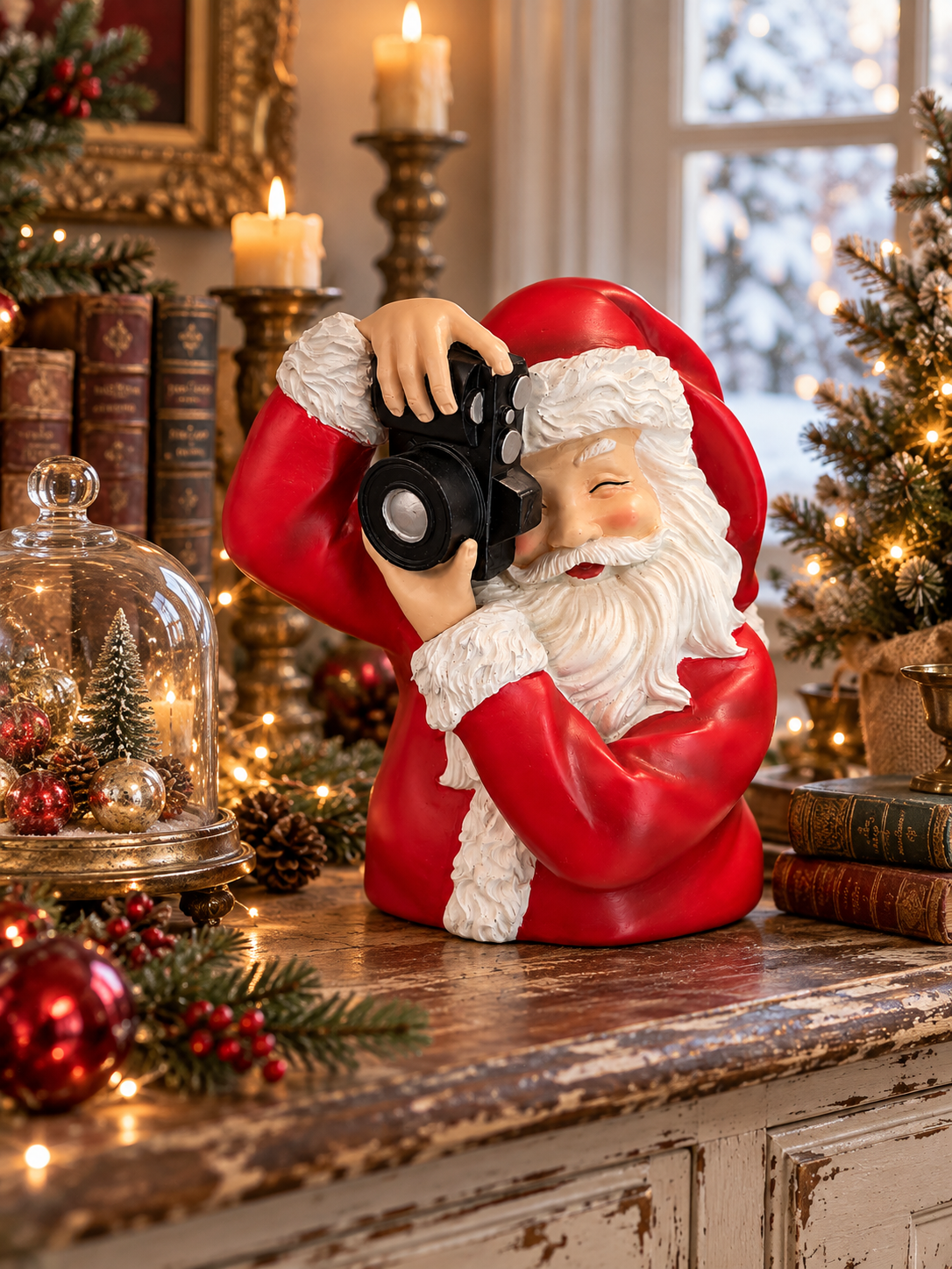Figurine Père Noël avec appareil photo noir sur un buffet ancien décoré pour Noël