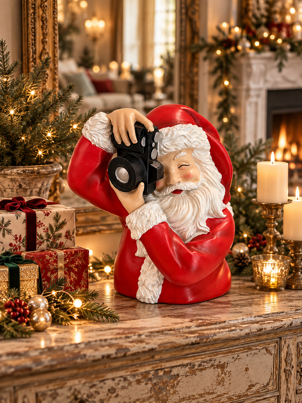 Père Noël photographe posé sur une console patinée avec cadeaux, sapin et bougies de Noël