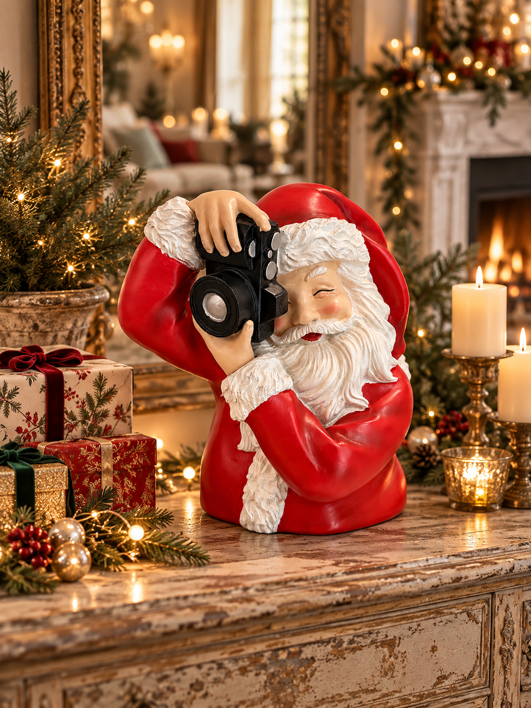 Père Noël photographe posé sur une console patinée avec cadeaux, sapin et bougies de Noël