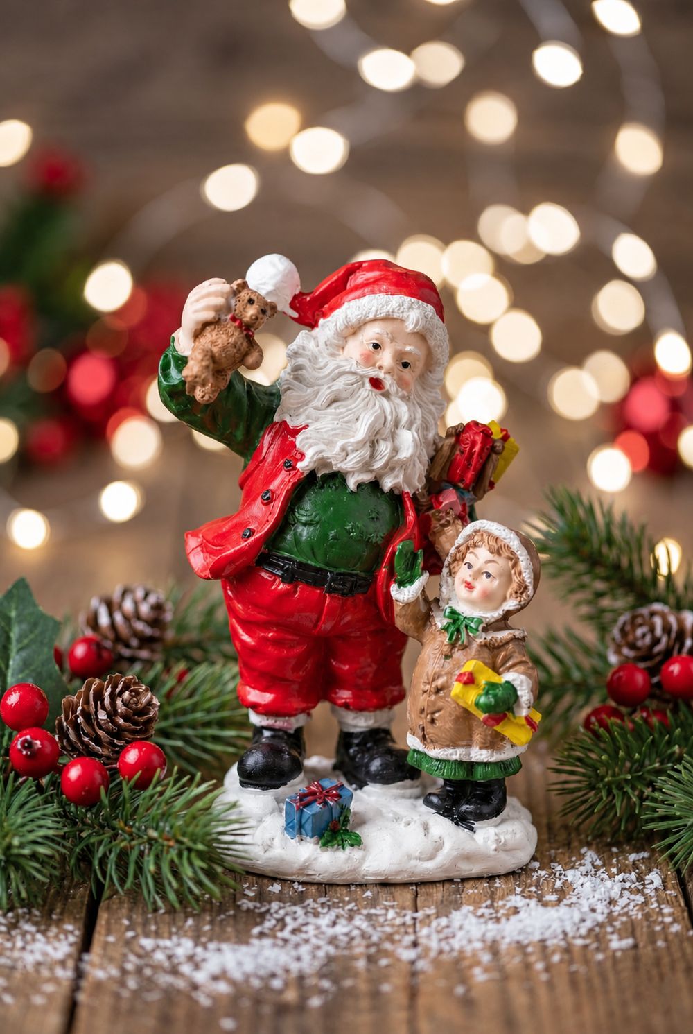 Figurine Père Noël et enfant entourée de branches de sapin et de pommes de pin, devant des lumières de Noël.