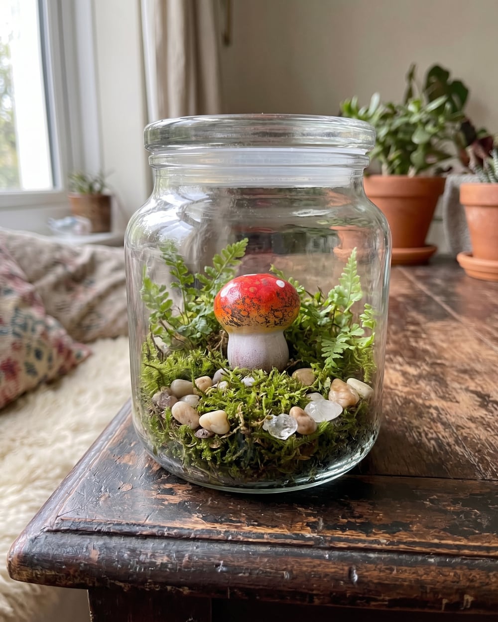 Petit champignon décoratif en terre cuite rouge et blanc pour jardin miniature, terrarium et décoration féérique de charme