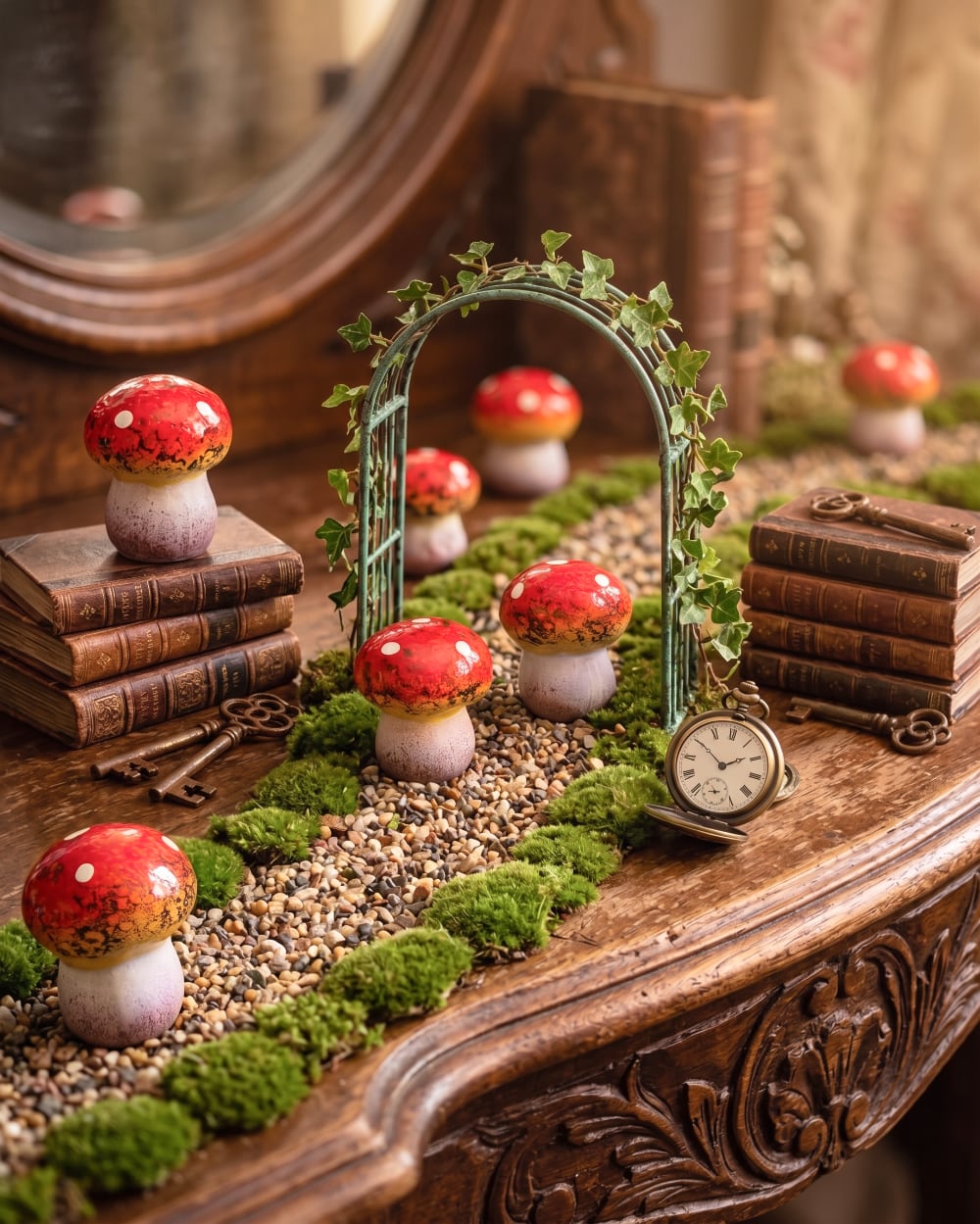Petit champignon décoratif en terre cuite rouge et blanc pour jardin miniature, terrarium et décoration féérique de charme