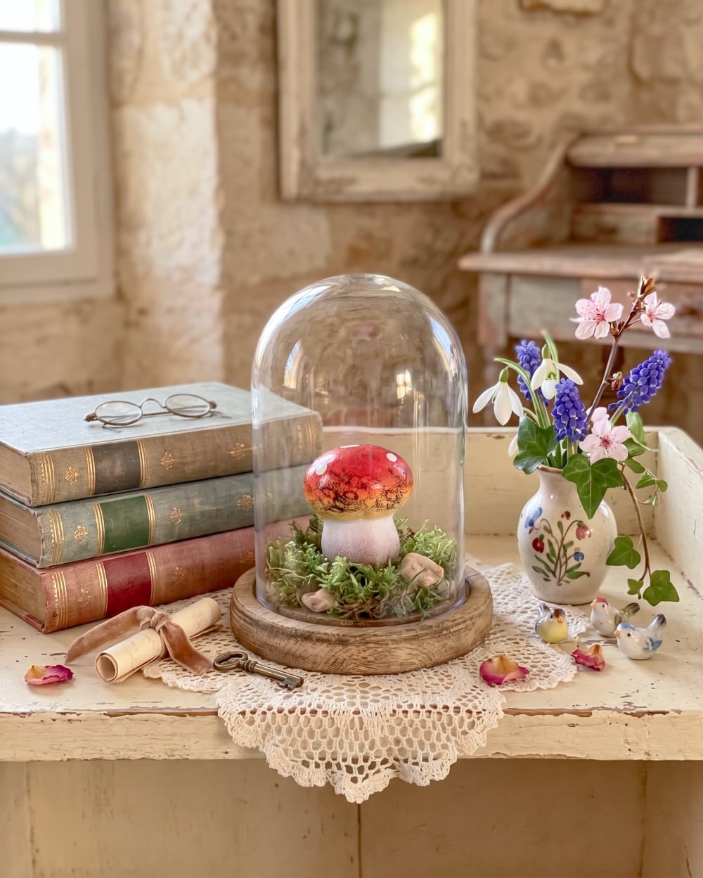 Petit champignon décoratif en terre cuite rouge et blanc pour jardin miniature, terrarium et décoration féérique de charme