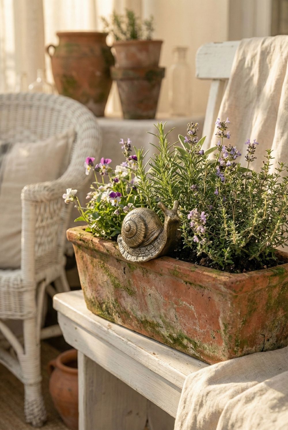 Petit escargot grimpeur décoratif doré patiné, figurine shabby chic de charme, accroché au rebord d’un pot dans une ambiance poétique