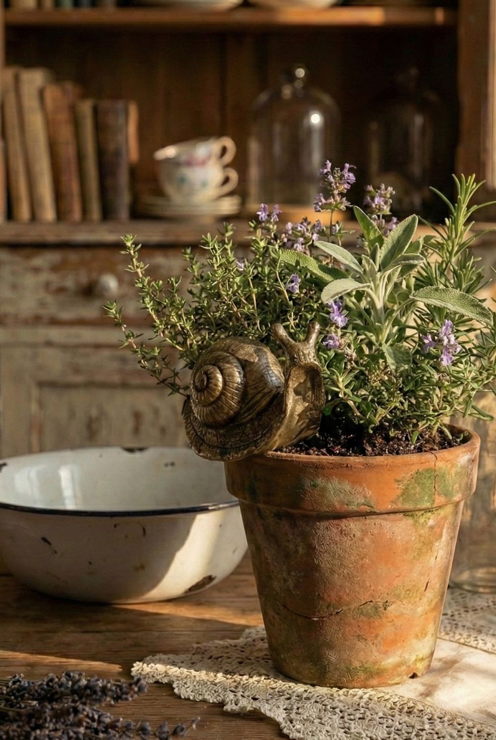 Petit escargot grimpeur décoratif doré patiné, figurine shabby chic de charme, accroché au rebord d’un pot dans une ambiance poétique