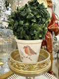 Petit pot décoratif en faïence ivoire avec motif rouge-gorge, style romantique shabby chic, parfait pour une ambiance poétique