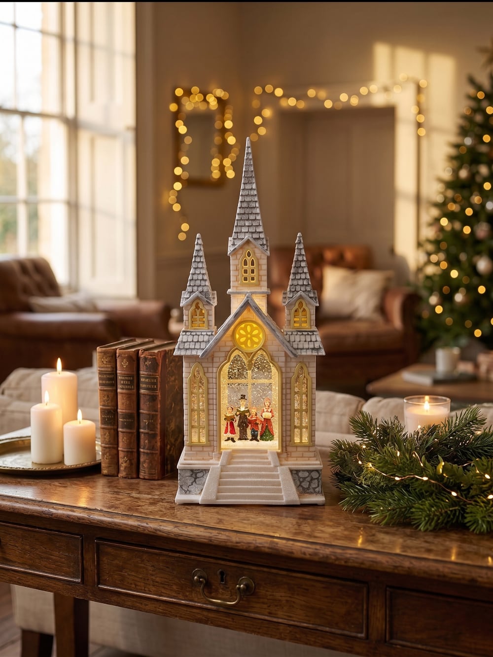 Chapelle de Noël lumineuse avec chorale miniature, éclairage chaleureux et paillettes animées, décoration féérique de village de Noël romantique