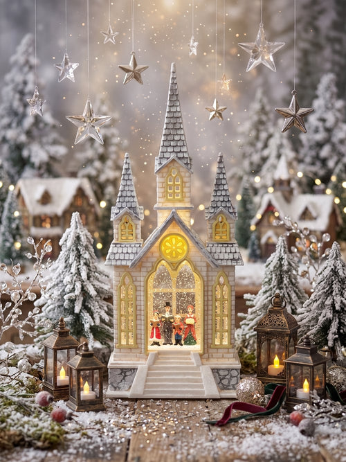 Chapelle de Noël lumineuse avec chorale miniature, éclairage chaleureux et paillettes animées, décoration féérique de village de Noël romantique