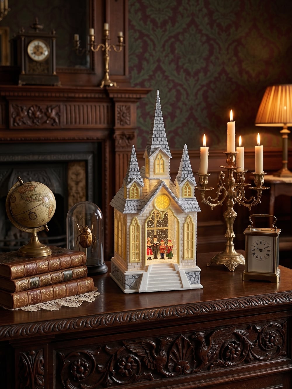 Chapelle de Noël lumineuse avec chorale miniature, éclairage chaleureux et paillettes animées, décoration féérique de village de Noël romantique