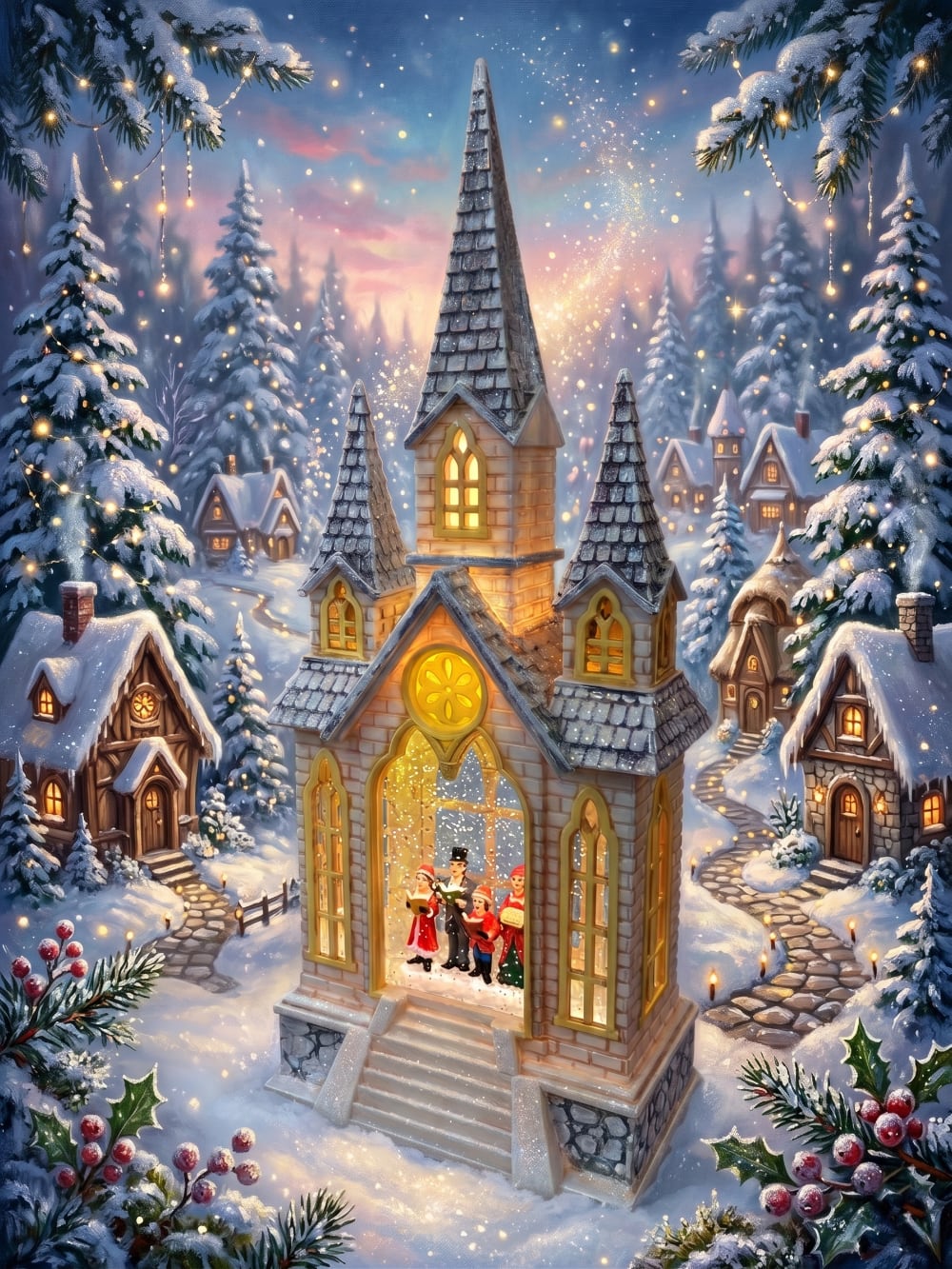Chapelle de Noël lumineuse avec chorale miniature, éclairage chaleureux et paillettes animées, décoration féérique de village de Noël romantique