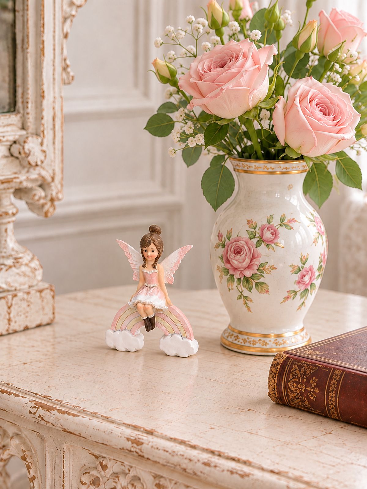 Petite fée de 12 cm sur une console patinée, près d’un vase de roses et d’un livre ancien.