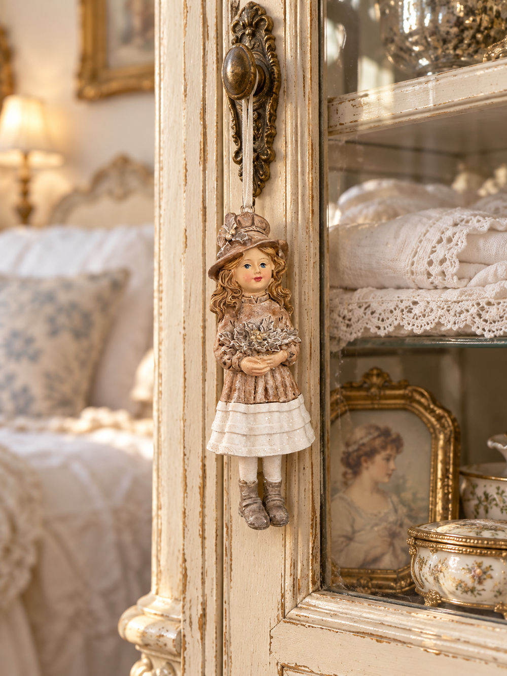 Petite fille décorative à suspendre beige rosé, ivoire et doré, style romantique et poétique pour décoration shabby chic