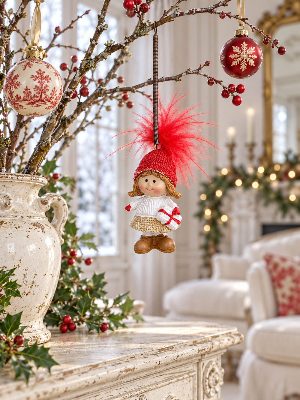 Petite fille de Noël sur ressort dans une ambiance de Noël poétique et féérique