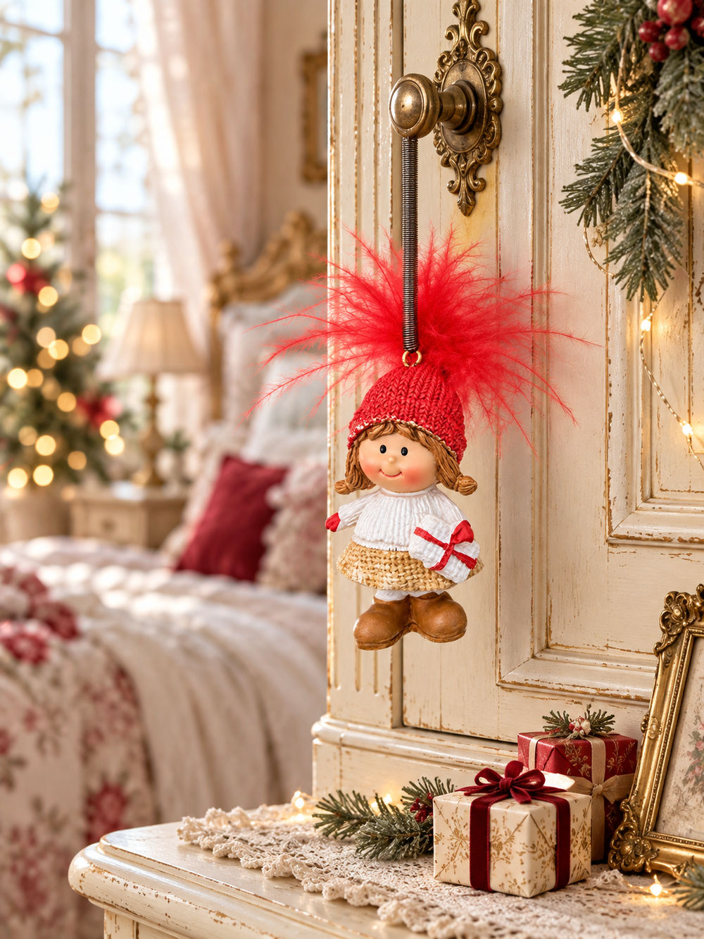 Petite fille de Noël sur ressort suspendue à une armoire dans une ambiance de fête