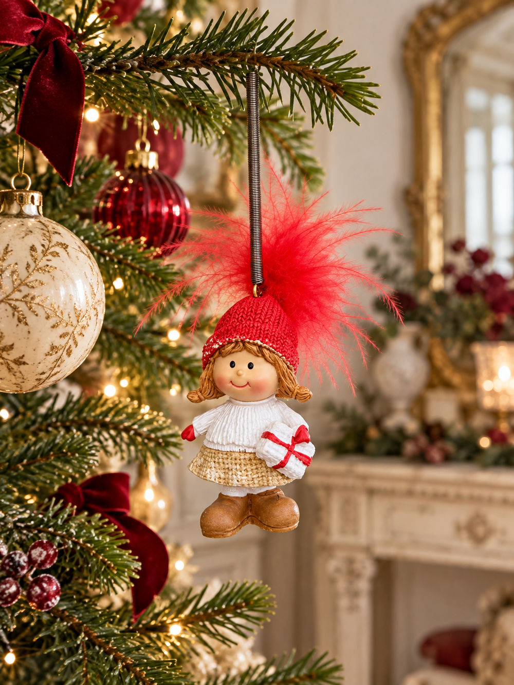 Petite fille de Noël sur ressort suspendue à une branche de sapin décoré