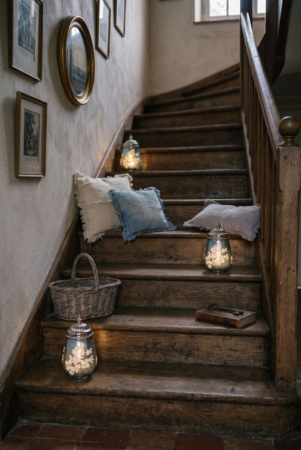 Petite lanterne LED bleue en verre avec motifs floraux en relief et couvercle argenté en métal, décoration romantique et shabby chic pour une ambiance lumineuse chaleureuse