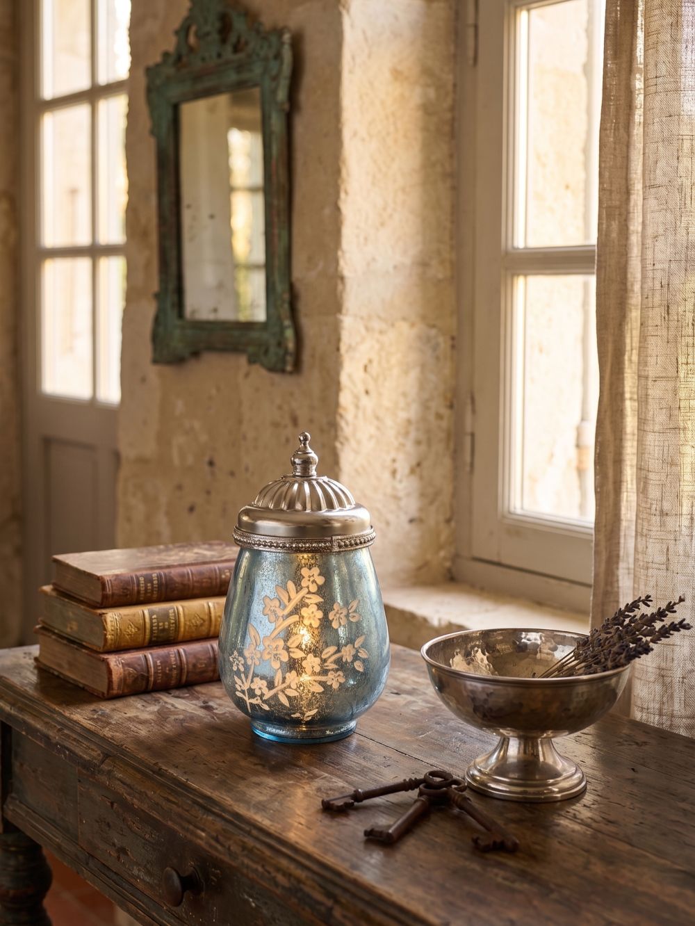 Petite lanterne LED bleue en verre avec motifs floraux en relief et couvercle argenté en métal, décoration romantique et shabby chic pour une ambiance lumineuse chaleureuse
