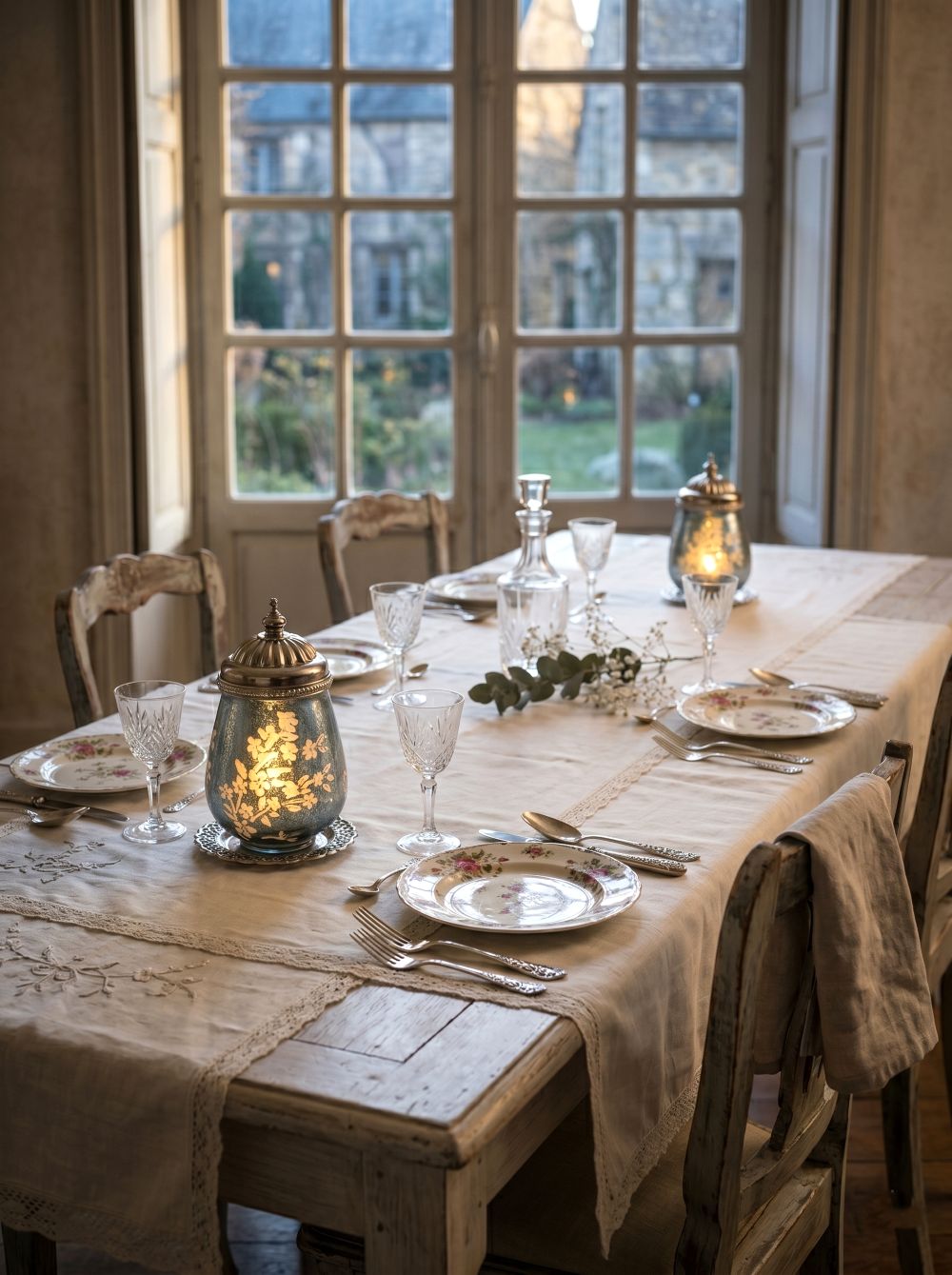 Petite lanterne LED bleue en verre avec motifs floraux en relief et couvercle argenté en métal, décoration romantique et shabby chic pour une ambiance lumineuse chaleureuse
