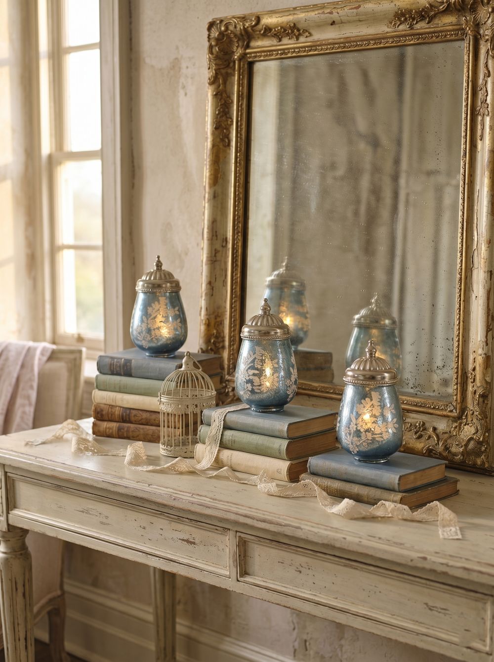 Petite lanterne LED bleue en verre avec motifs floraux en relief et couvercle argenté en métal, décoration romantique et shabby chic pour une ambiance lumineuse chaleureuse