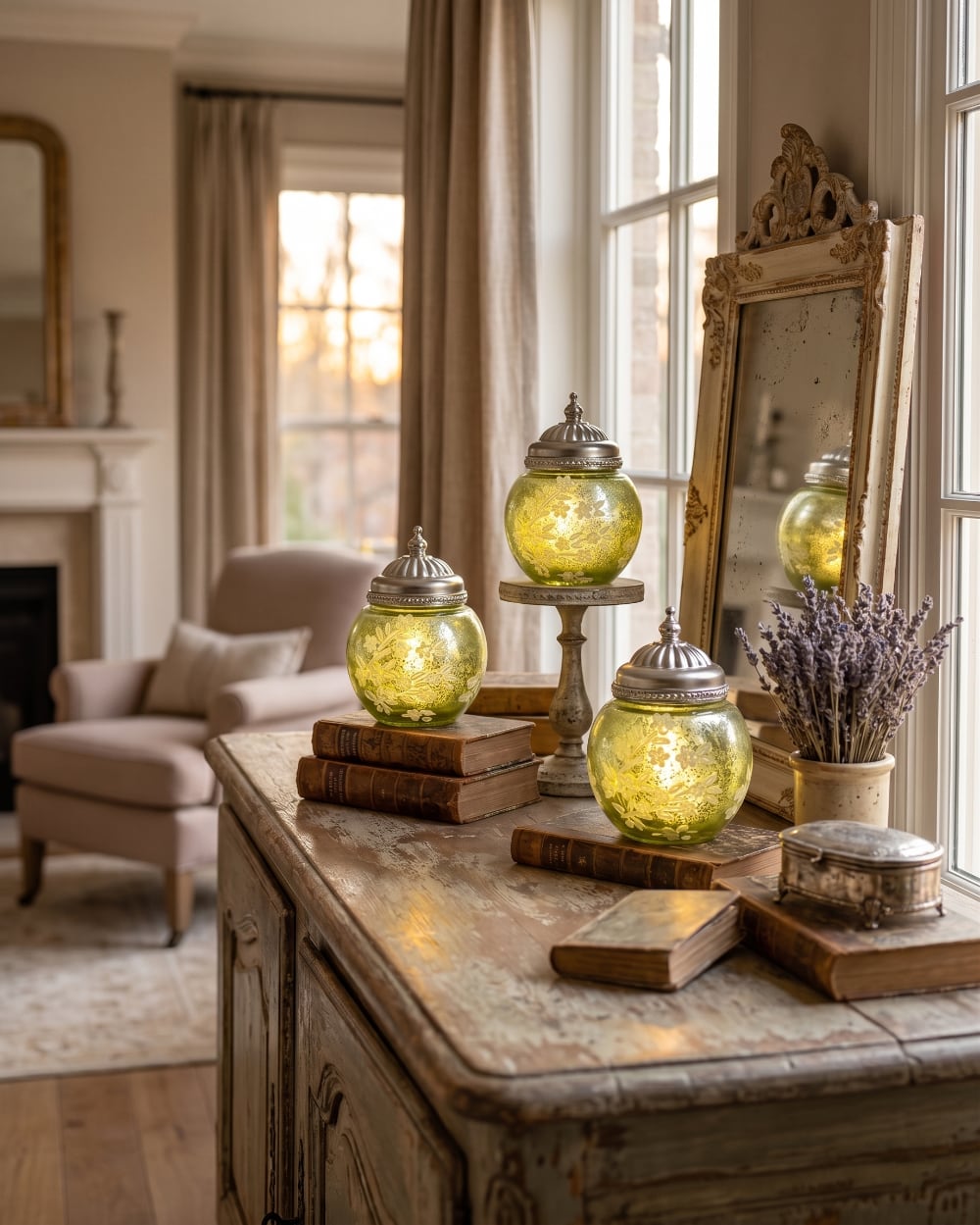 Petite lanterne verte en verre et métal avec éclairage LED, décoration romantique et shabby chic pour créer une ambiance chaleureuse et poétique