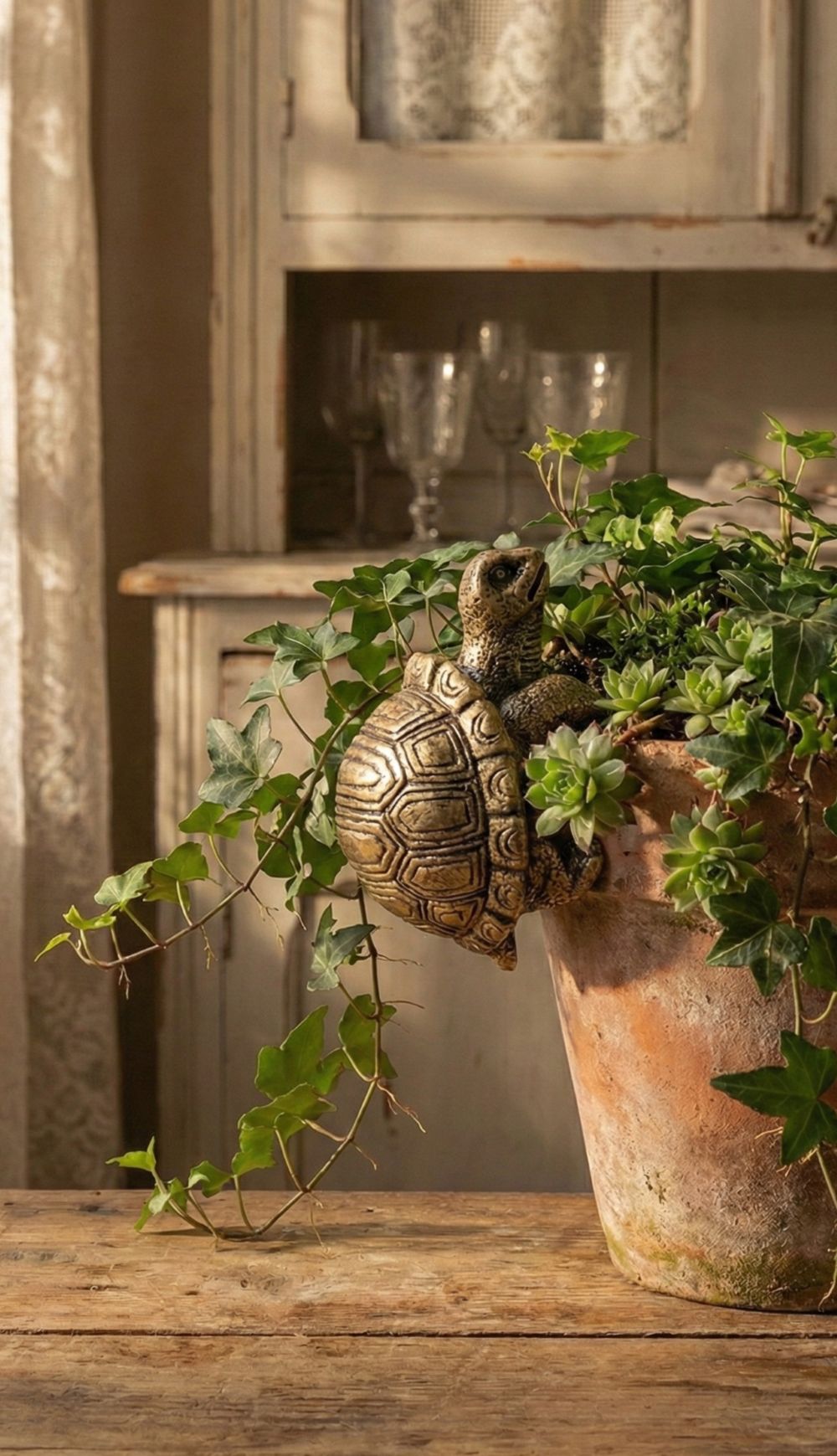 Petite tortue grimpeuse décorative dorée patinée, figurine de charme style shabby chic et ambiance romantique, posée sur un rebord