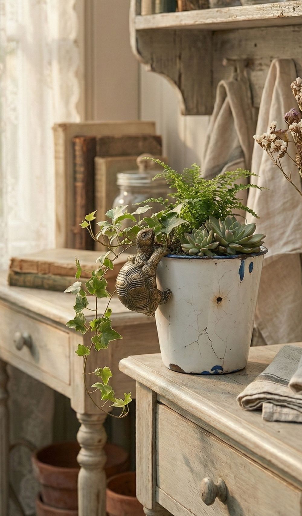 Petite tortue grimpeuse décorative dorée patinée, figurine de charme style shabby chic et ambiance romantique, posée sur un rebord