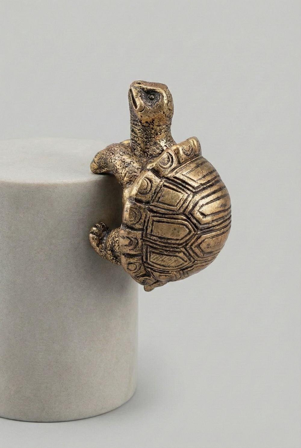 Petite tortue grimpeuse décorative dorée patinée, figurine de charme style shabby chic et ambiance romantique, posée sur un rebord