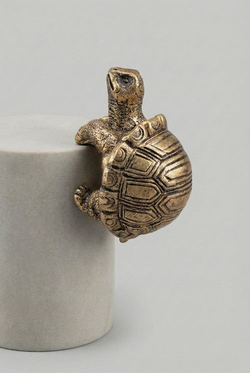 Petite tortue grimpeuse décorative dorée patinée, figurine de charme style shabby chic et ambiance romantique, posée sur un rebord