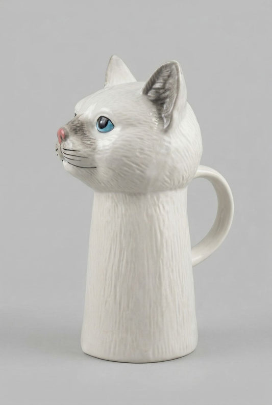 Pichet en faïence en forme de chat blanc et gris avec yeux bleus, style shabby chic romantique, décoration de charme pour table ou intérieur poétique