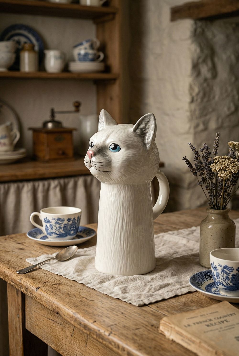 Pichet en faïence en forme de chat blanc et gris avec yeux bleus, style shabby chic romantique, décoration de charme pour table ou intérieur poétique