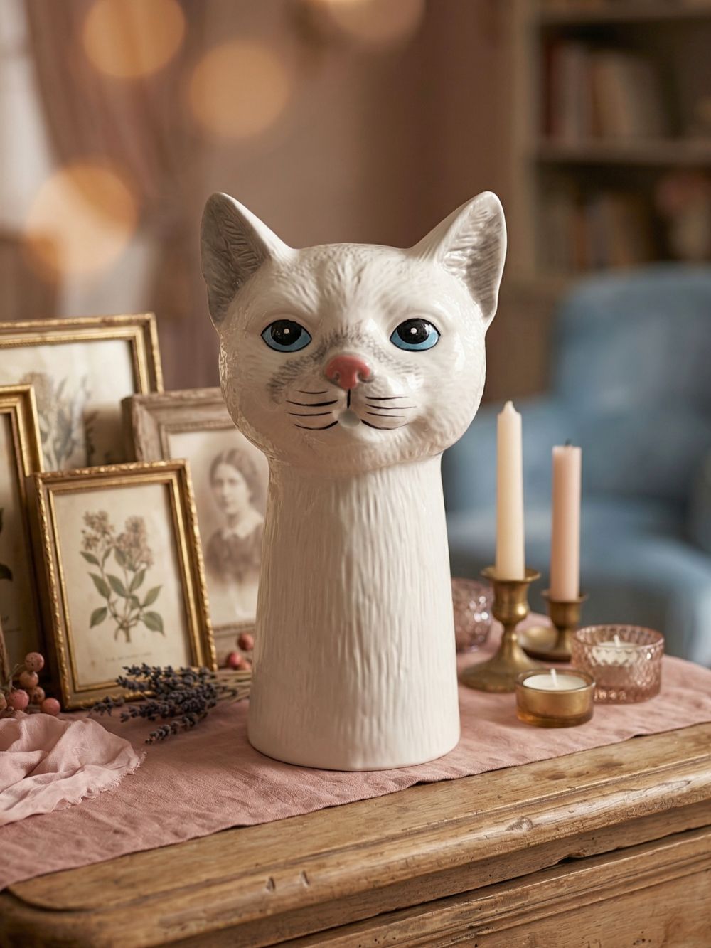 Pichet en faïence en forme de chat blanc et gris avec yeux bleus, style shabby chic romantique, décoration de charme pour table ou intérieur poétique